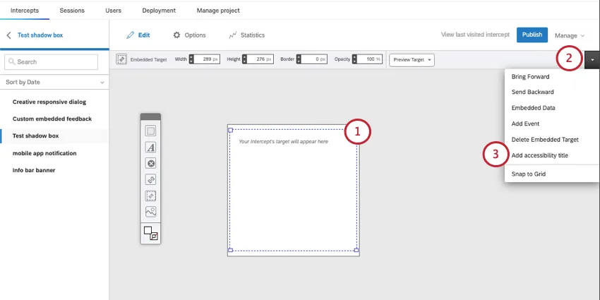 selecting an embedded target and then using the arrow on the far right of the toolbar shown above it