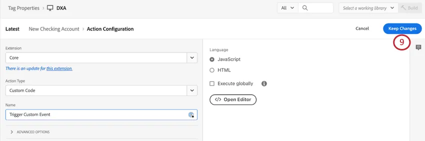 back to pae where you set the action to custom code. also a save button