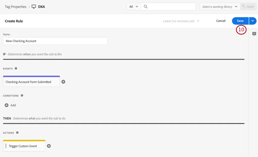voltar ao editor evento personalizados, botão Salvar no canto superior direito aqui também
