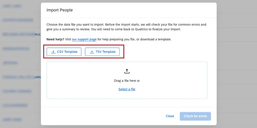 CSV and TSV templates in the import window