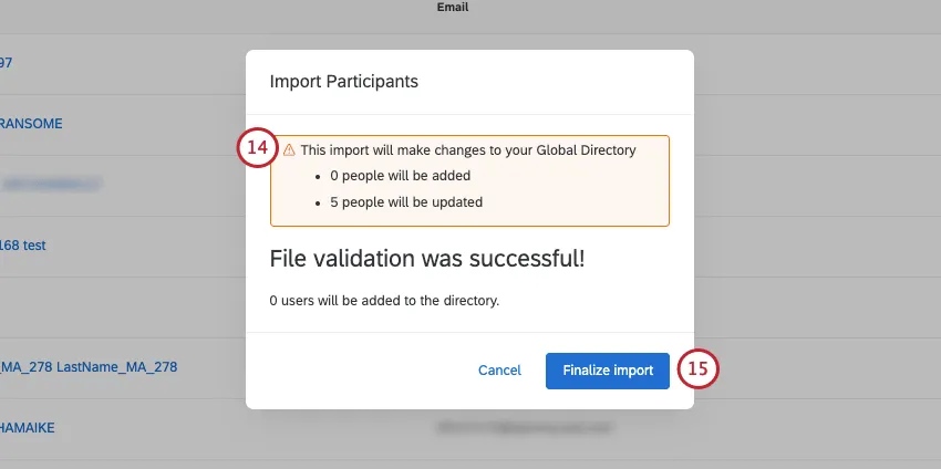 the import participants screen showing what changes will happen in the directory