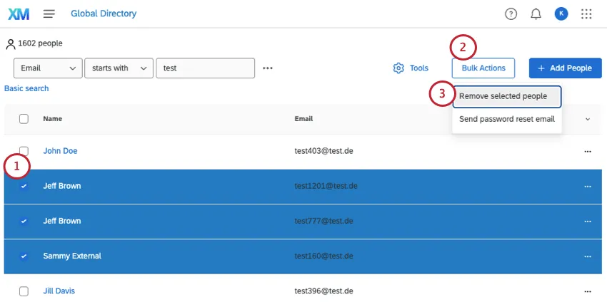 people selected. bulk actions clicked, showing a menu with the option remove selected people