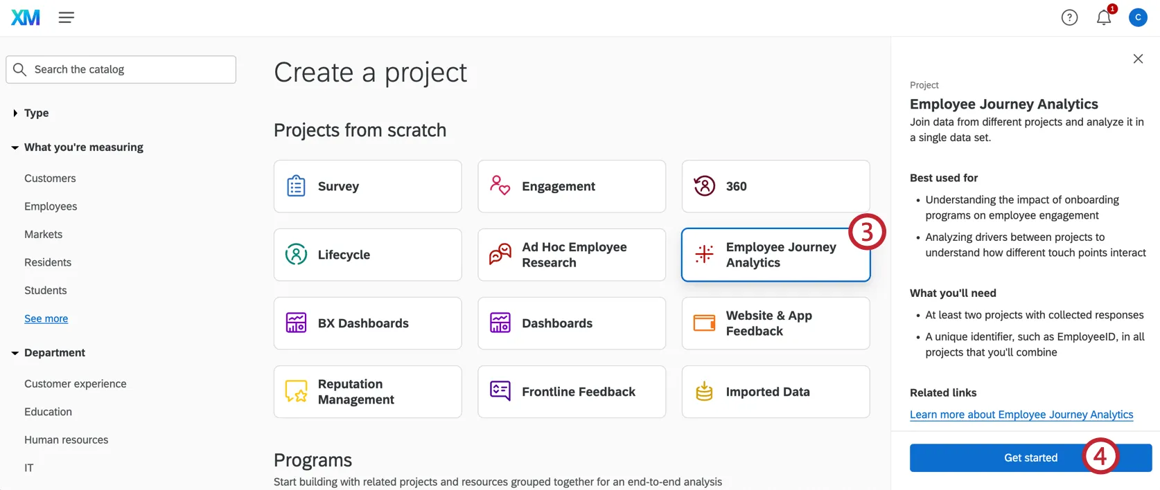 selecting an Employee Journey Analytics project from the projects page