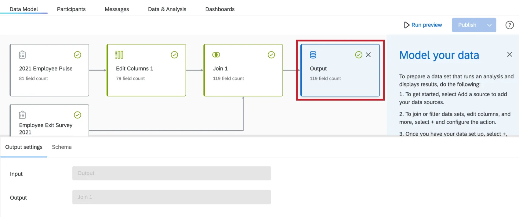 selezionare il set di dati di output nel modello di dati