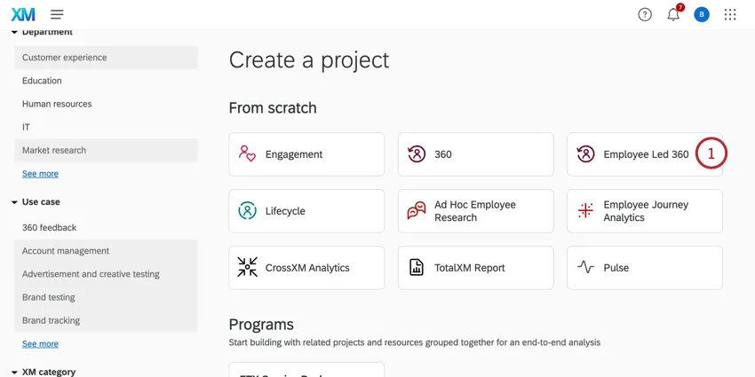 Creating a new project and choosing the Employee Led 360 project