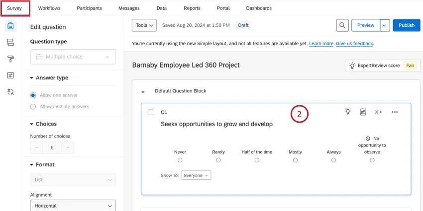 building survey questions in the Survey tab