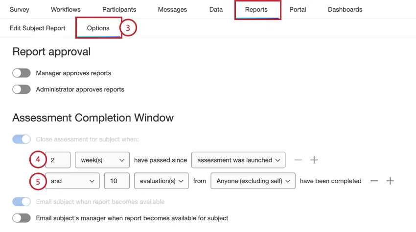 Navigating to the Reports tab and then the options section to set the completion window timeframe