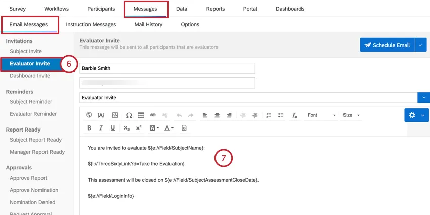 navigating to the evaluator messages and customizing the invite message