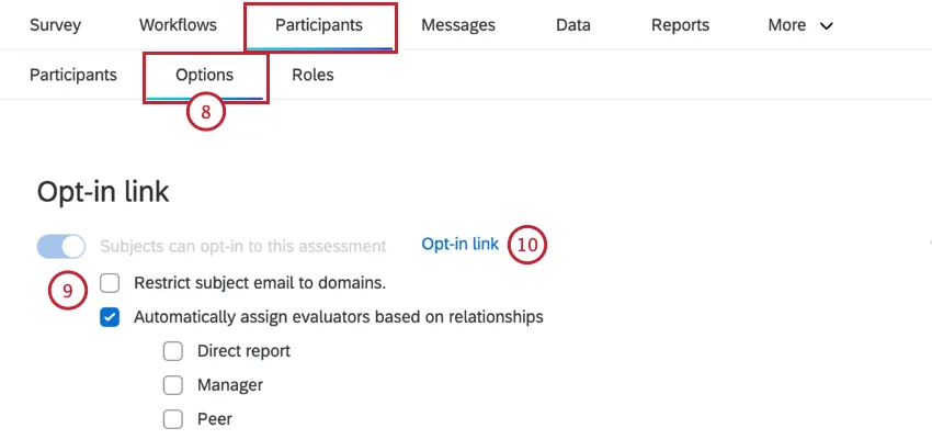 nella sezione Opzioni della scheda Partecipanti per impostare il link opt-in