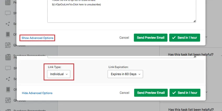 Drop-down-Liste „Link-Typ“ in den erweiterten Optionen
