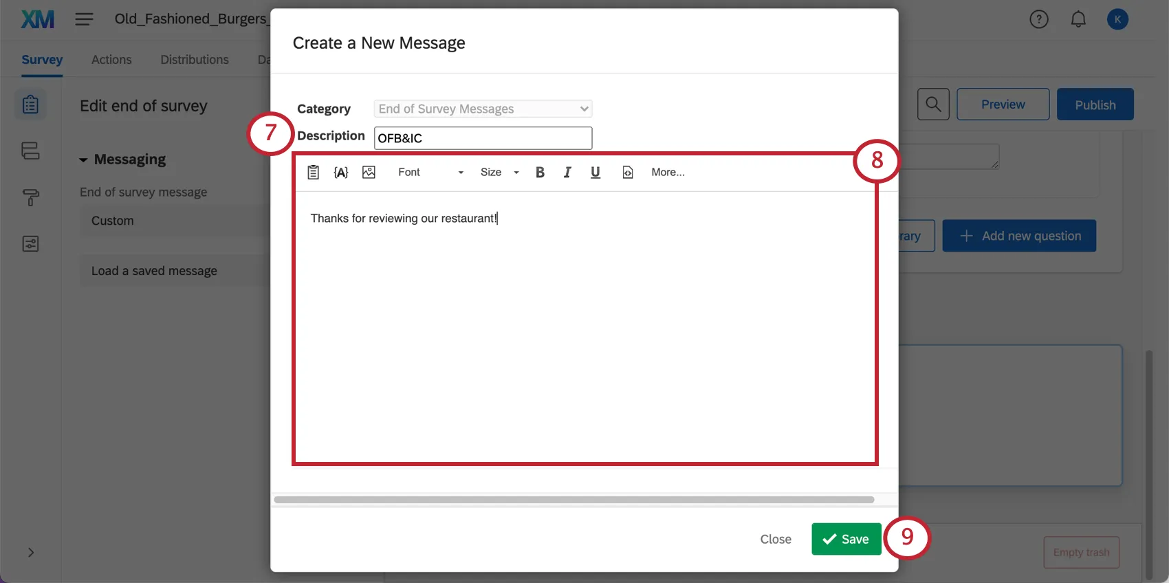 名前として機能するメッセージの説明フィールド。その下はメッセージを追加できるリッチテキストエディター。ウィンドウの右下のボタンでメッセージを保存