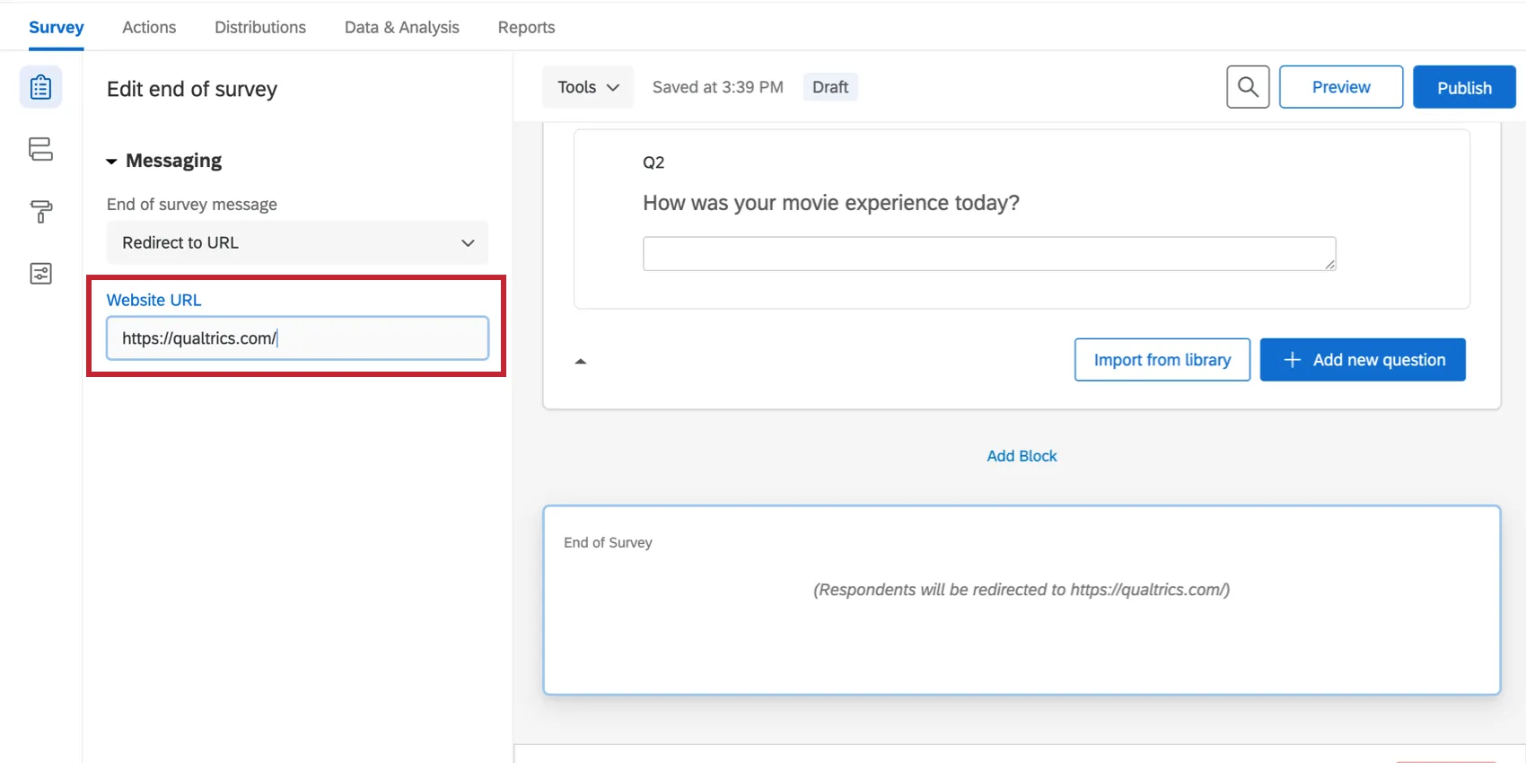 Redirect to a URL is selected, field for pasting a URL appears to the left in the editing pane