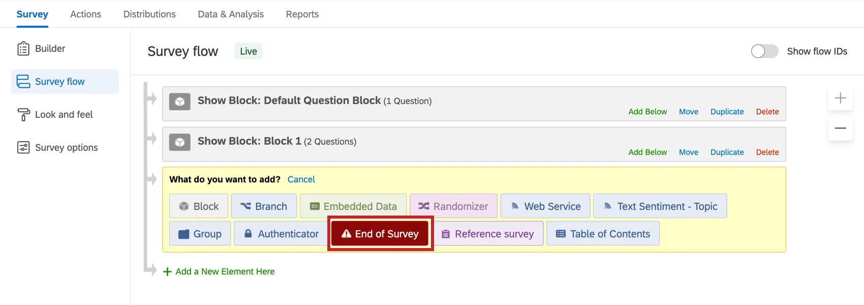 End of Survey button in What do you want to add menu