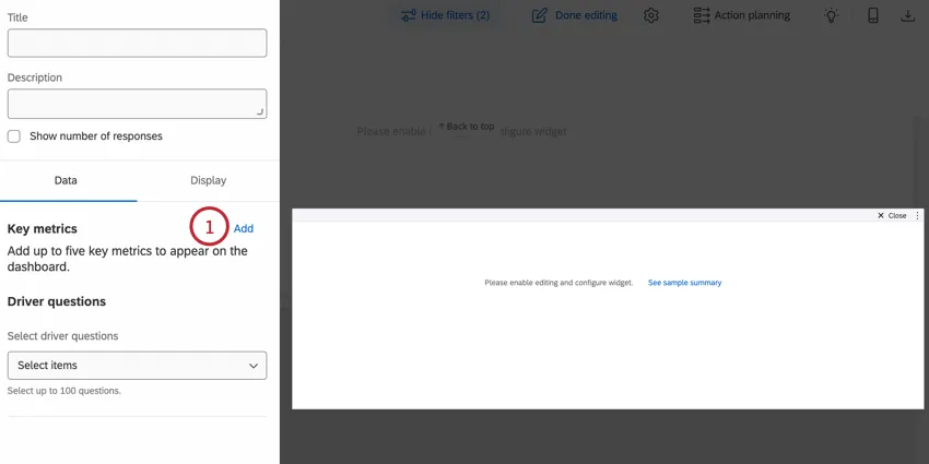 haciendo clic en agregar en la sección de métricas clave de la configuración del widget
