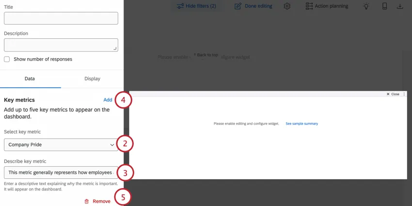 escolher uma métrica, adicionar uma descrição e adicionar métricas adicionais
