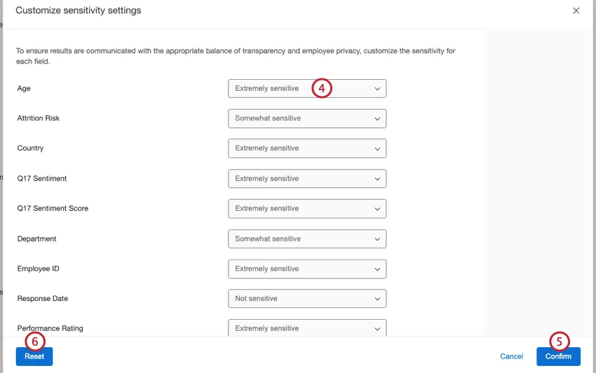 Menús desplegables siguiente a cada campo para personalizar la configuración a nivel de campo