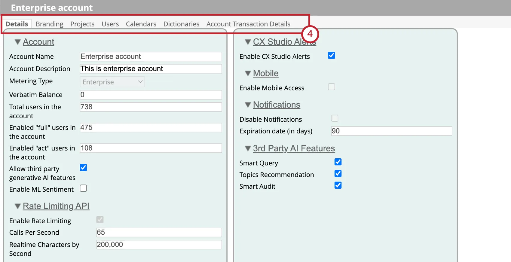 The different sections of account settings