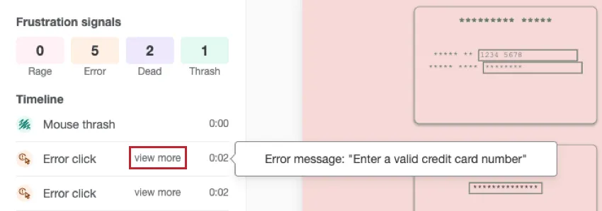 Mensaje de error específico que se muestra al pasar el cursor sobre un clic de error en la línea de tiempo