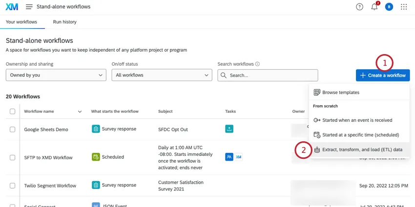 Haga clic en crear un flujo de trabajo y elija etl