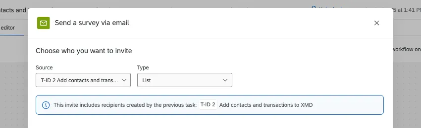 window from a workflow where you set up a send via email task. you can select the list made in the workflow as your recipient