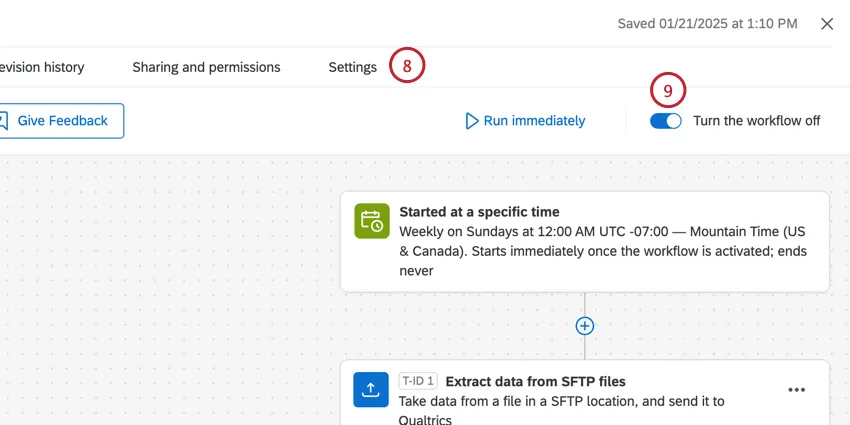 La pestaña de configuración y el interruptor de encendido/apagado se encuentran en la parte superior de la página.