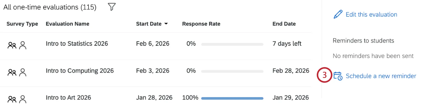 "schedule a new reminder" button highlighted within the additional details window of an evaluation