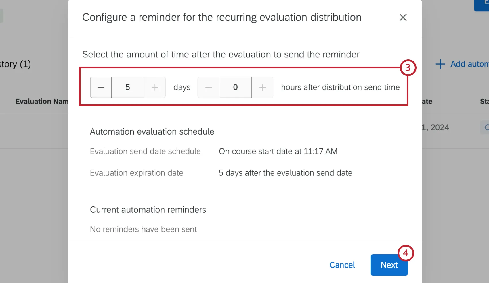 buttons to select the amount of time after the evaluation to send the reminder, with the evaluation schedule below
