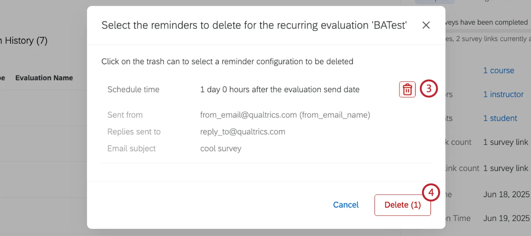 trash icon highlighted next to a recurring evaluation reminder