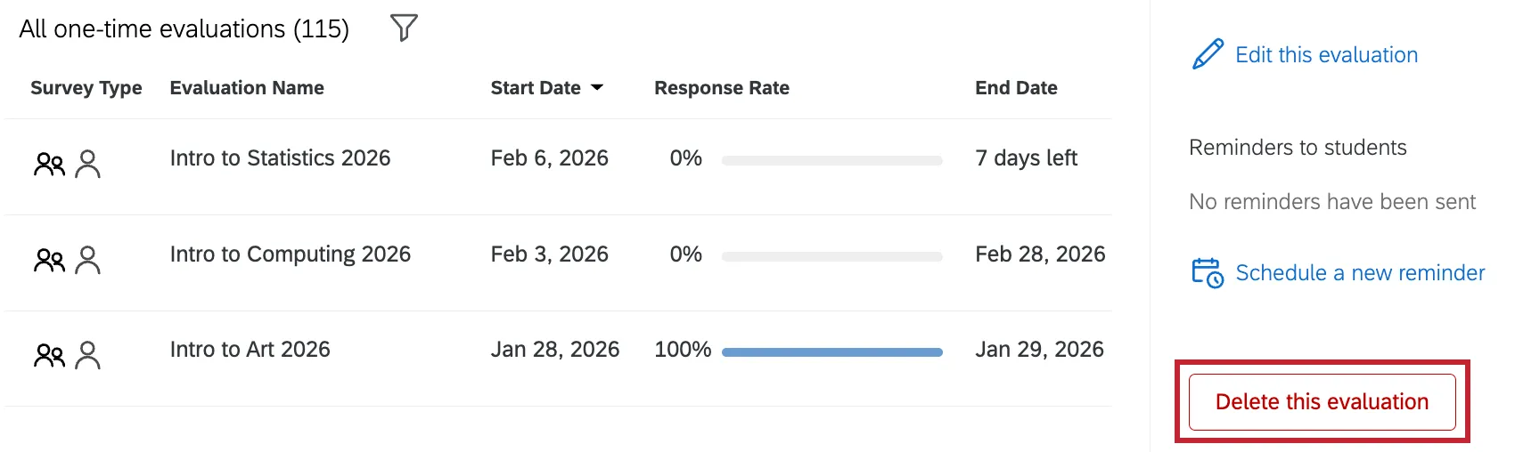 "delete this evaluation" button within the information window of a one-time evaluation