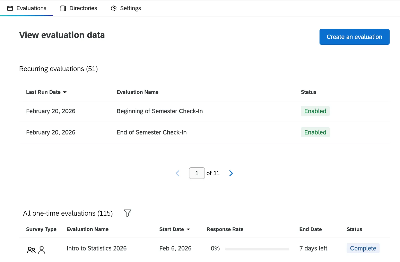 the "view evaluation data" table within the evaluations tab