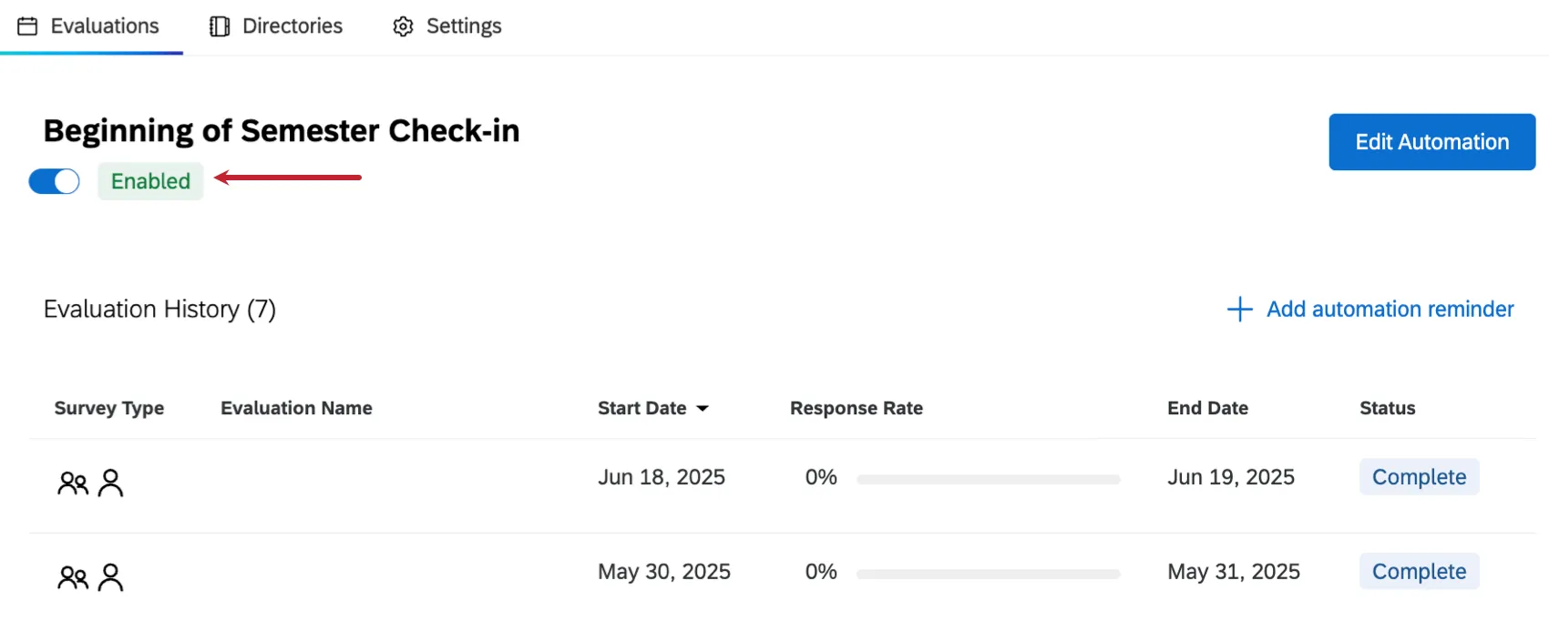 arrow pointing towards the "enabled" status and toggle at the top left of a recurring evaluation