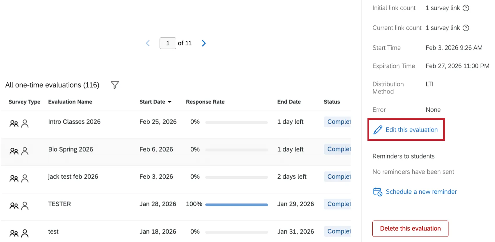 "edit this evaluation" highlighted within the one-time evaluation information window