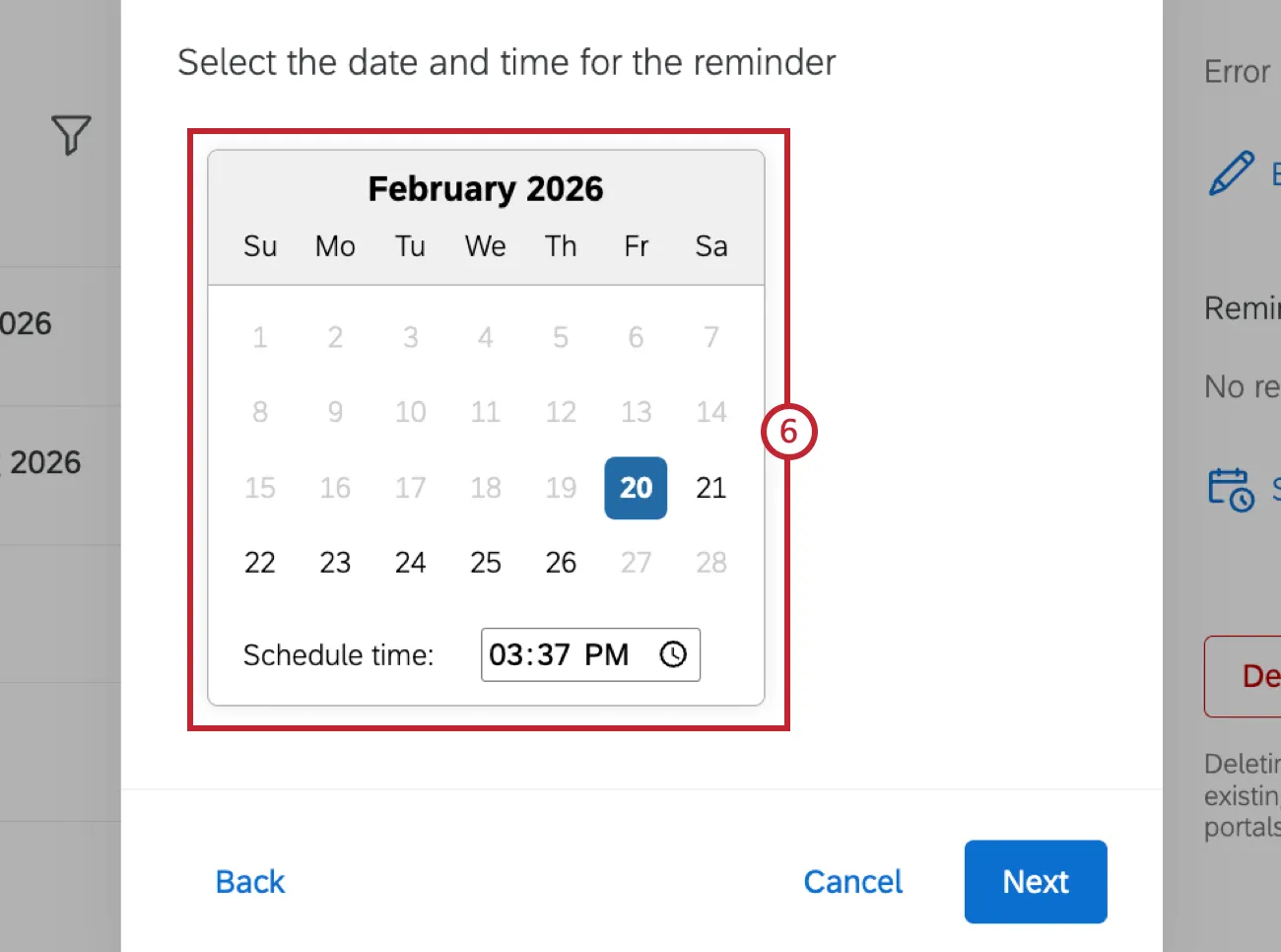 calendar highlighted where you can select the specific date and time the reminder will send