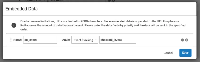 Embedded data name is co event and value is event tracking set to checkout event