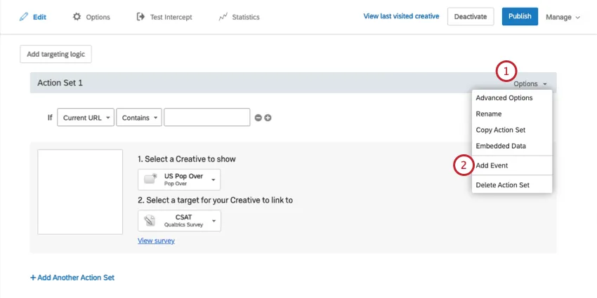 Options (Opções) é selecionado na extremidade direita de uma barra de ferramentas de ações, revelando a opção Add Evento (Adicionar evento )