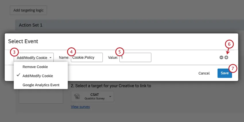 Select Event window where the first field is dropped down to reveal Remove cookie, add modify cookie, and google analytics event