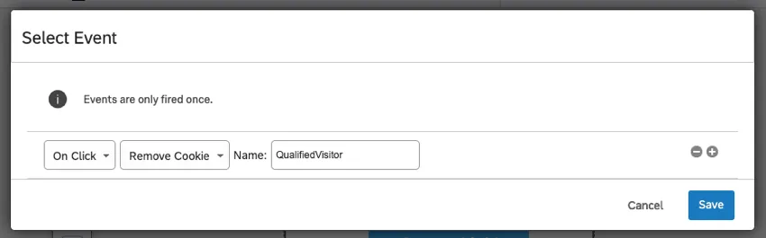 La ventana de Evento seleccionado dice que la cookie denominada QualifiedVisitor se eliminará al hacer clic