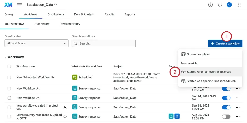 Wählen Sie auf der Registerkarte "Workflows" die Option zum Anlegen eines Workflows, und starten Sie ihn, wenn ein Ereignis empfangen wird.