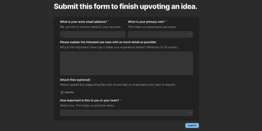 a submission form providing additional details about upvoting an idea
