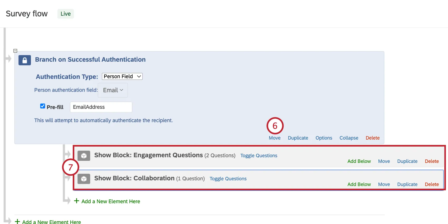 moving the authenticator to the top of the survey flow and nesting the question blocks under it