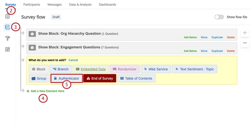 navigating to survey flow, adding an element, and selecting authenticator