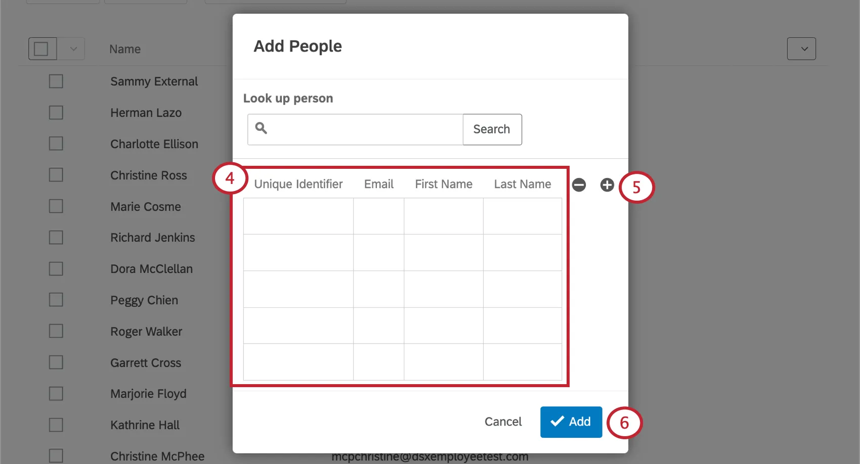 Adicionando informações de um indivíduo na janela Adicionar pessoas