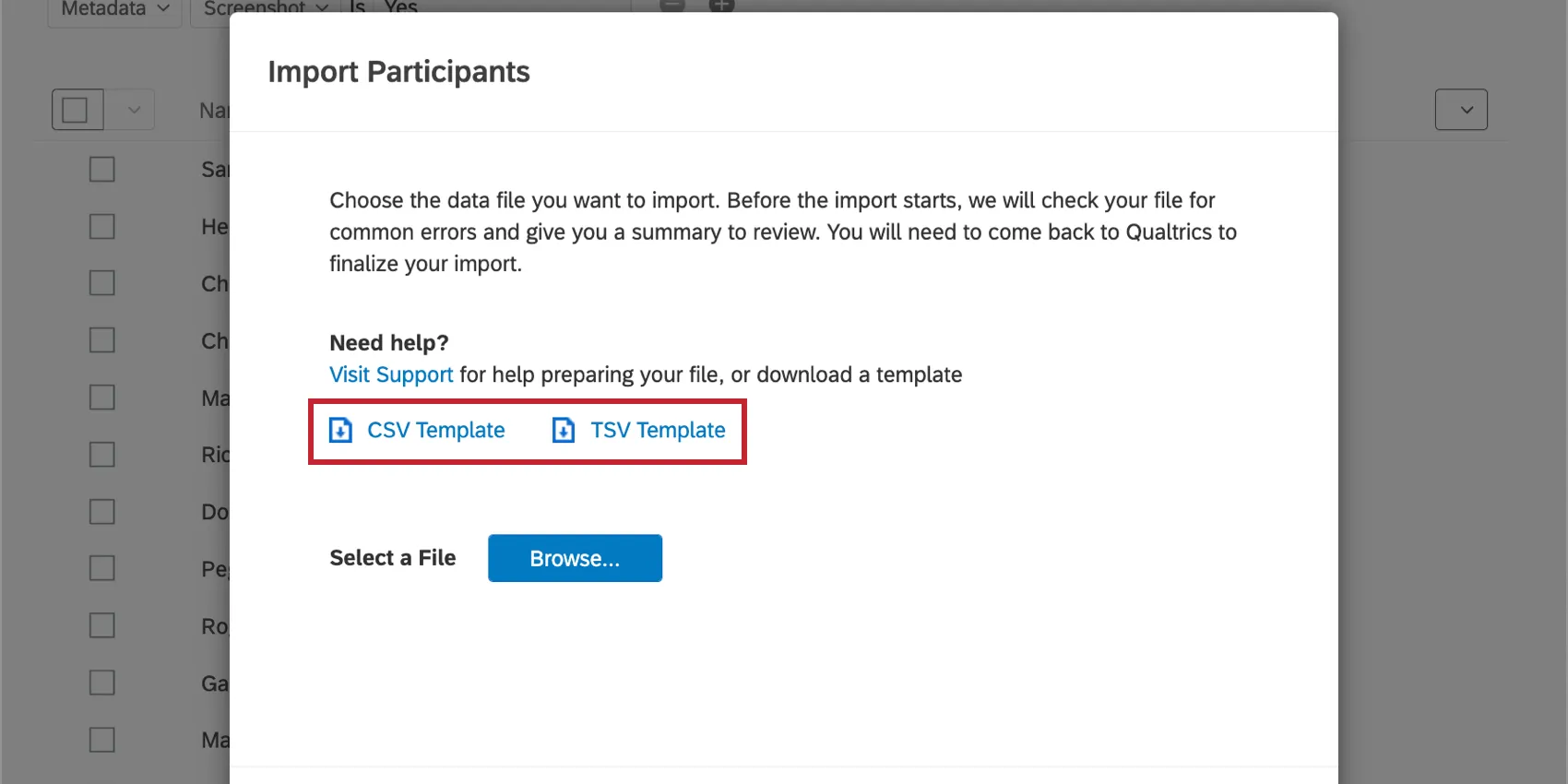 Plantillas CSV y TSV en la ventana de importación
