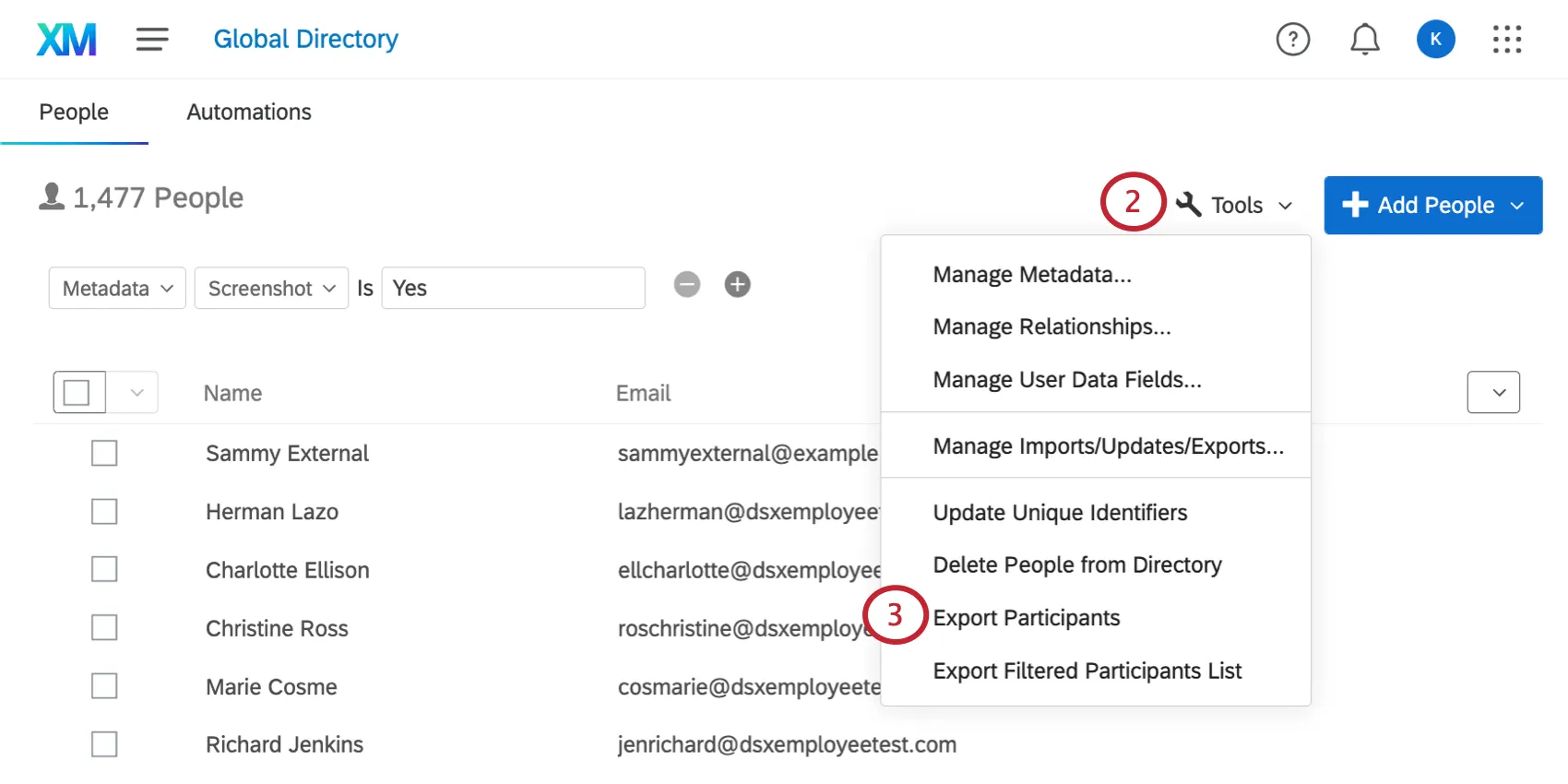 clicando em ferramentas e depois em exportar participantes