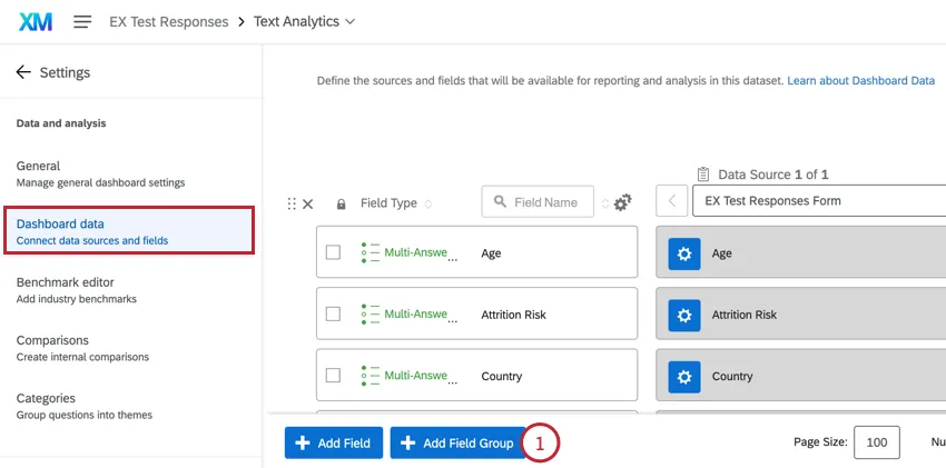 clicking add field group at the bottom of the dashboard data tab