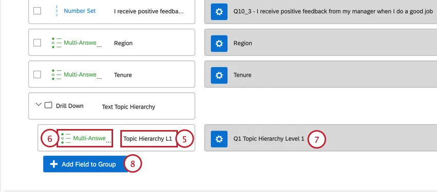 ドリルダウンフィールドグループへのフィールドの追加とマッピング
