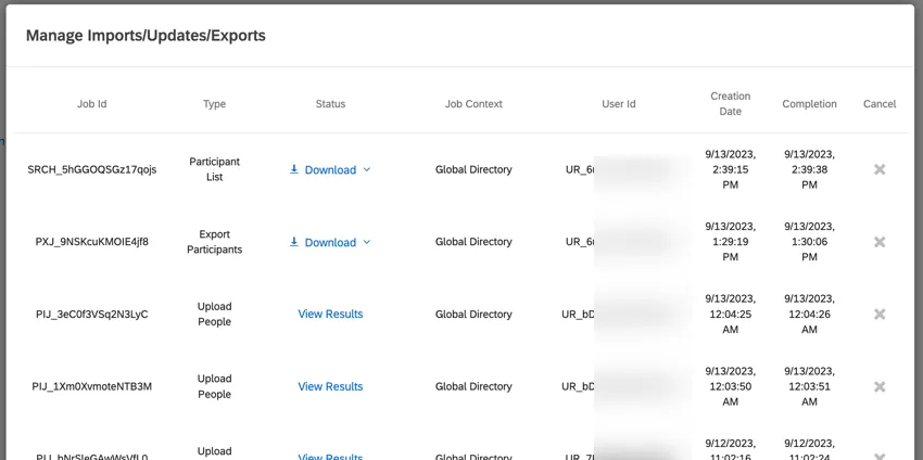 La ventana para administrar importaciones/actualizaciones/exportaciones anteriores