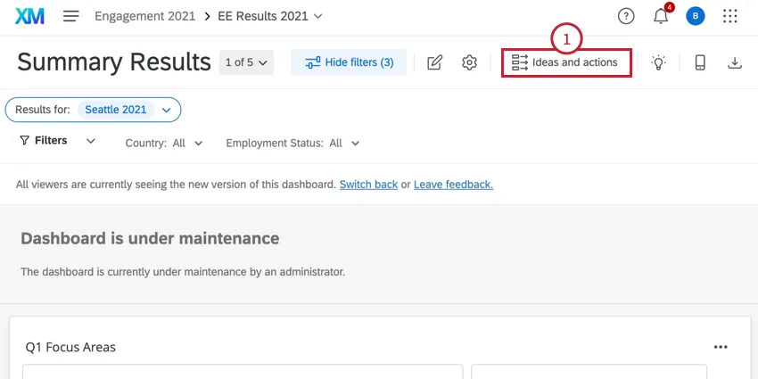 the ideas and actions button at the top of a dashboard