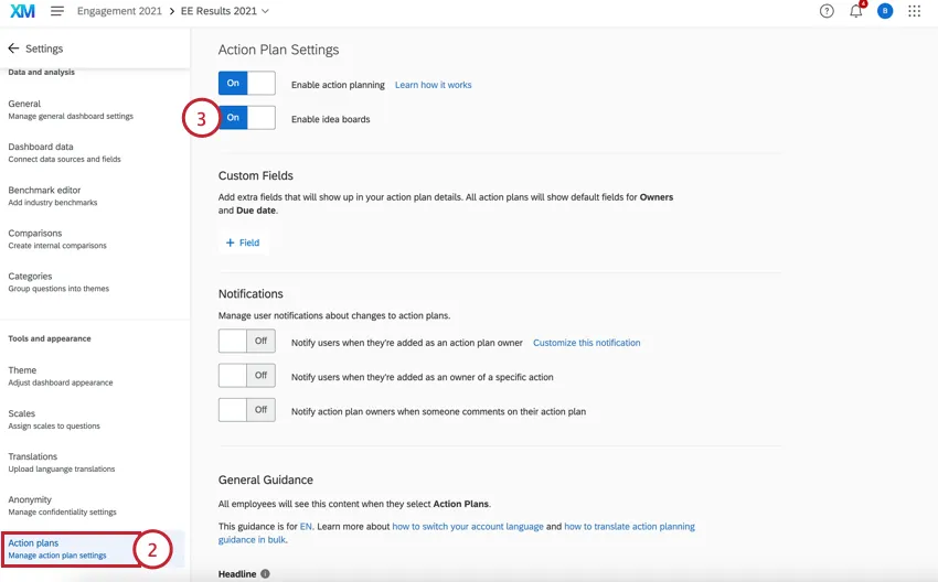 enabling idea boards in the action plan settings