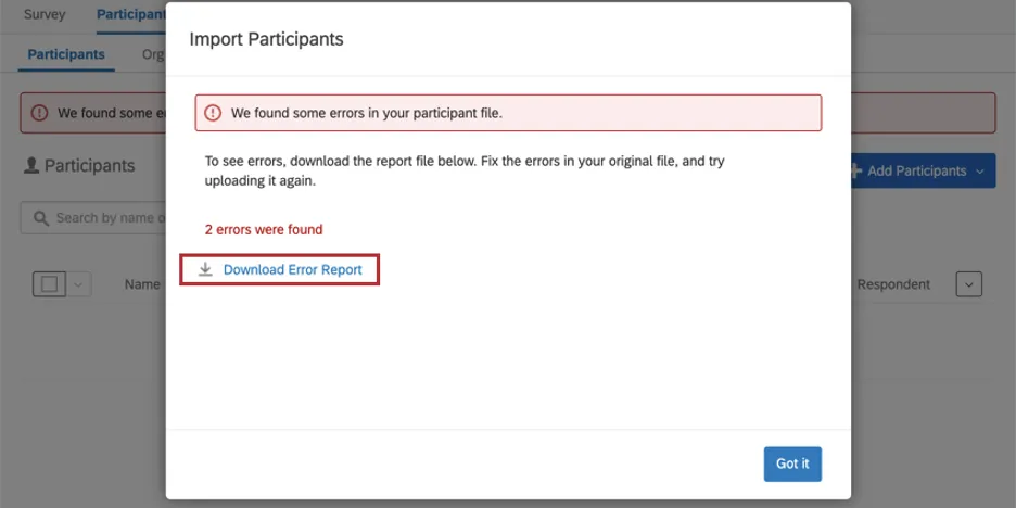 Message davertissement derreur rouge. Lien pour télécharger les erreurs